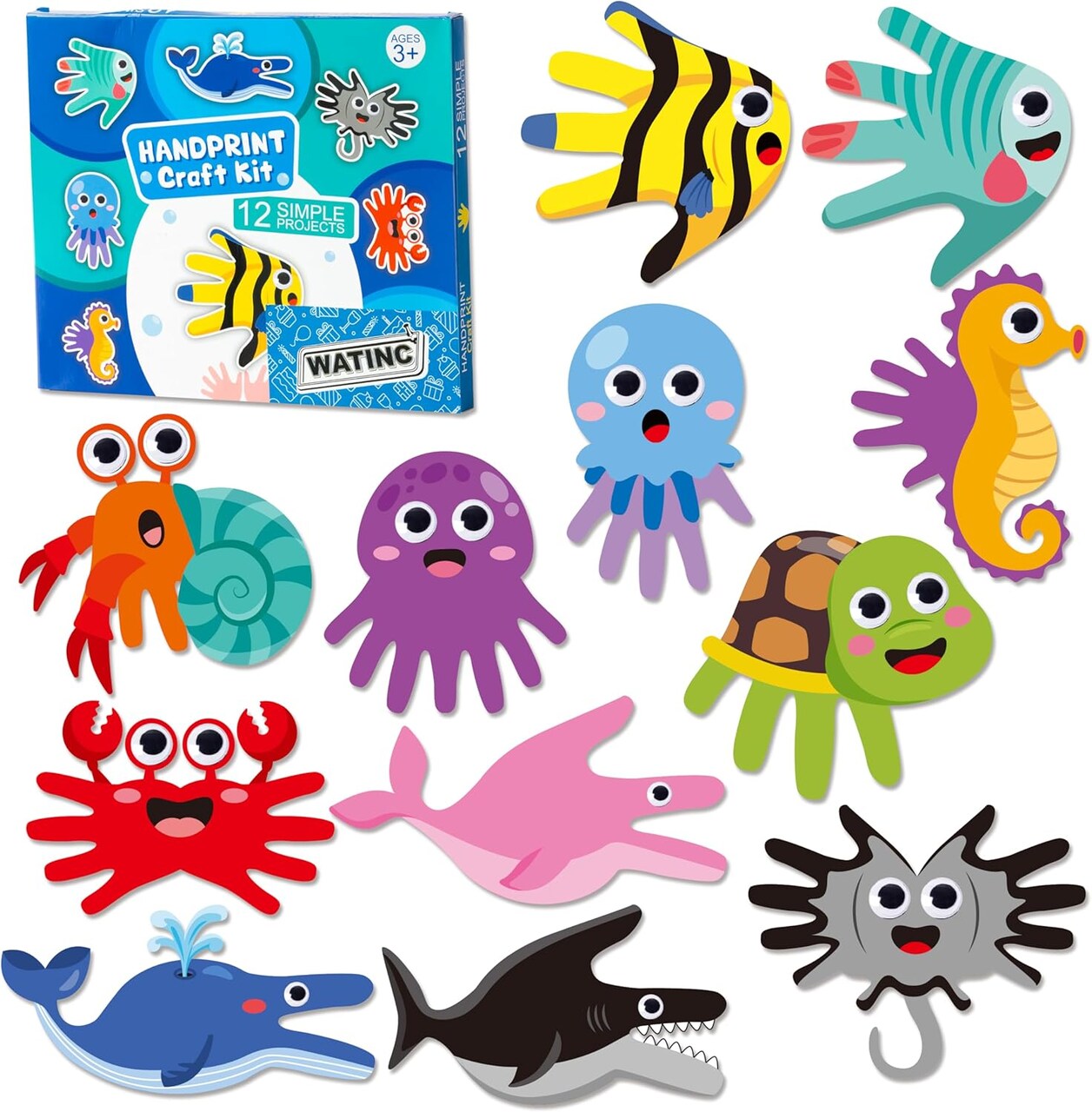 Ocean Handprint Art Craft - 12Pcs Under The Sea Seahorse Crab Easy DIY Kit, Marine Animal Themed Octopus Turtle Whale Arts Supplies Preschool Hand Print Activity Party Favors for Kids Toddlers